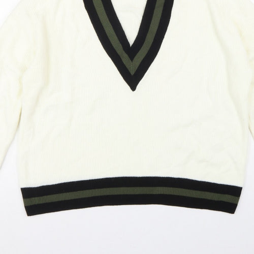 MNG Women’s Ivory S V-Neck Striped Trim Knit Pullover Jumper