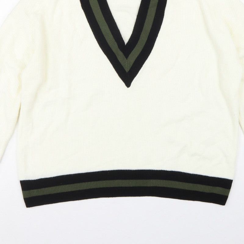 MNG Women’s Ivory S V-Neck Striped Trim Knit Pullover Jumper