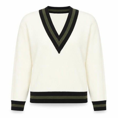 MNG Women’s Ivory S V-Neck Striped Trim Knit Pullover Jumper
