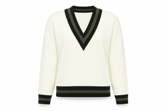 MNG Women’s Ivory S V-Neck Striped Trim Knit Pullover Jumper