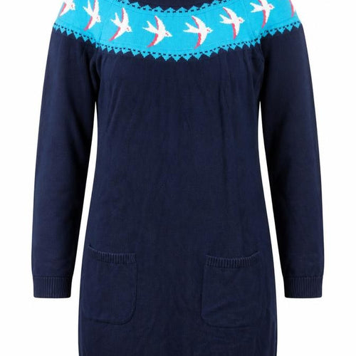 Frugi Bloom Women’s Blue UK 12 Bird Knit Jumper Dress Pockets