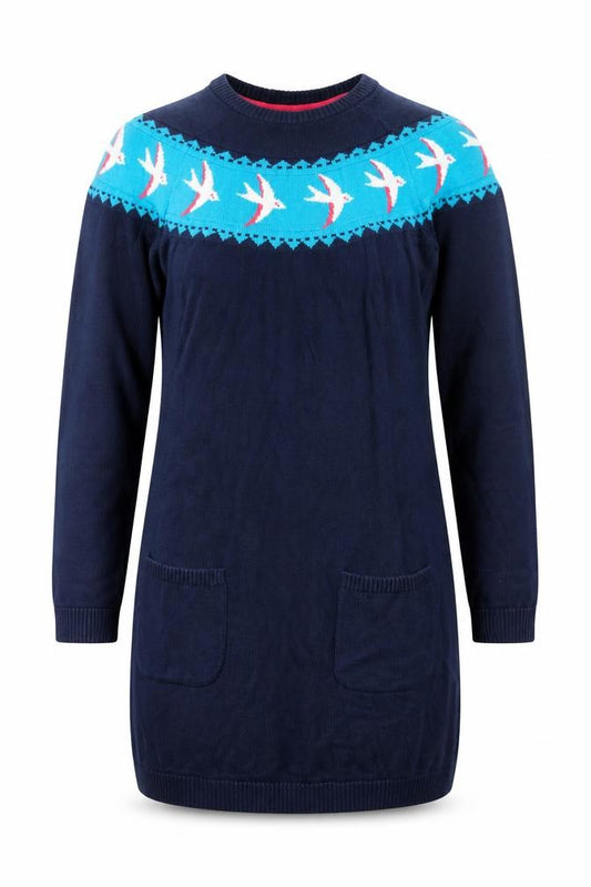 Front view of Frugi Bloom Women’s Blue UK 12 Bird Knit Jumper Dress Pockets