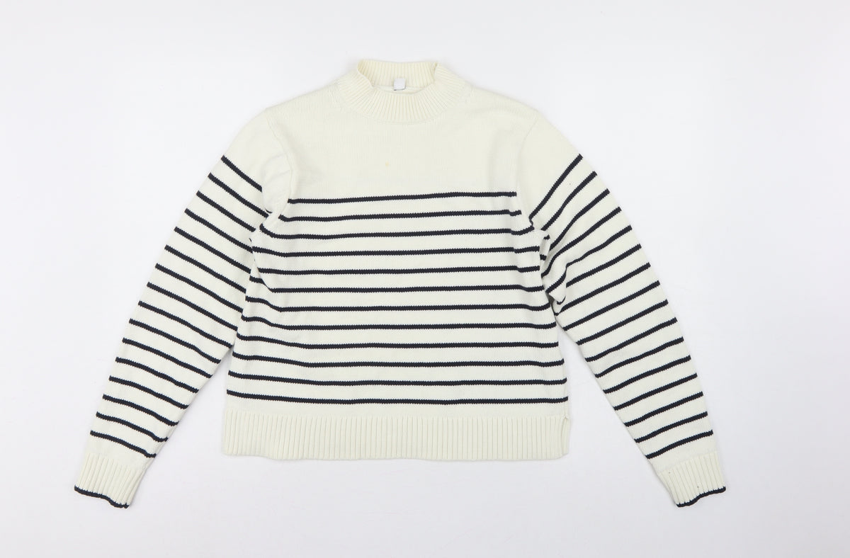 Uniqlo Women Ivory Black Striped XS Mock Neck Cotton Blend Jumper