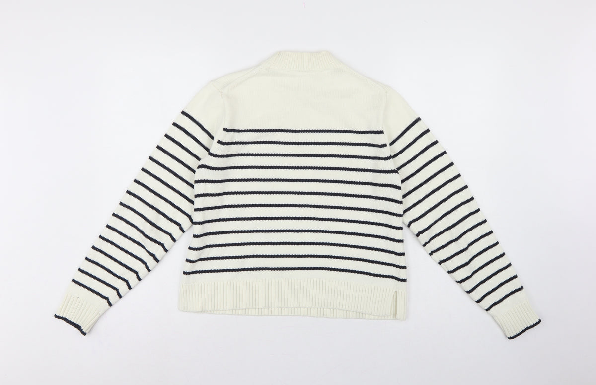 Uniqlo Women Ivory Black Striped XS Mock Neck Cotton Blend Jumper