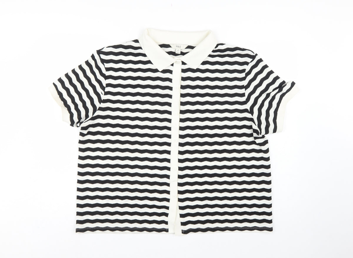 Marks & Spencer Women Black White Striped Size 20 Jersey Polo Shirt