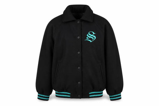 Front view of H&M Divided Women’s Black XS Slytherin Varsity Jacket Embroidered