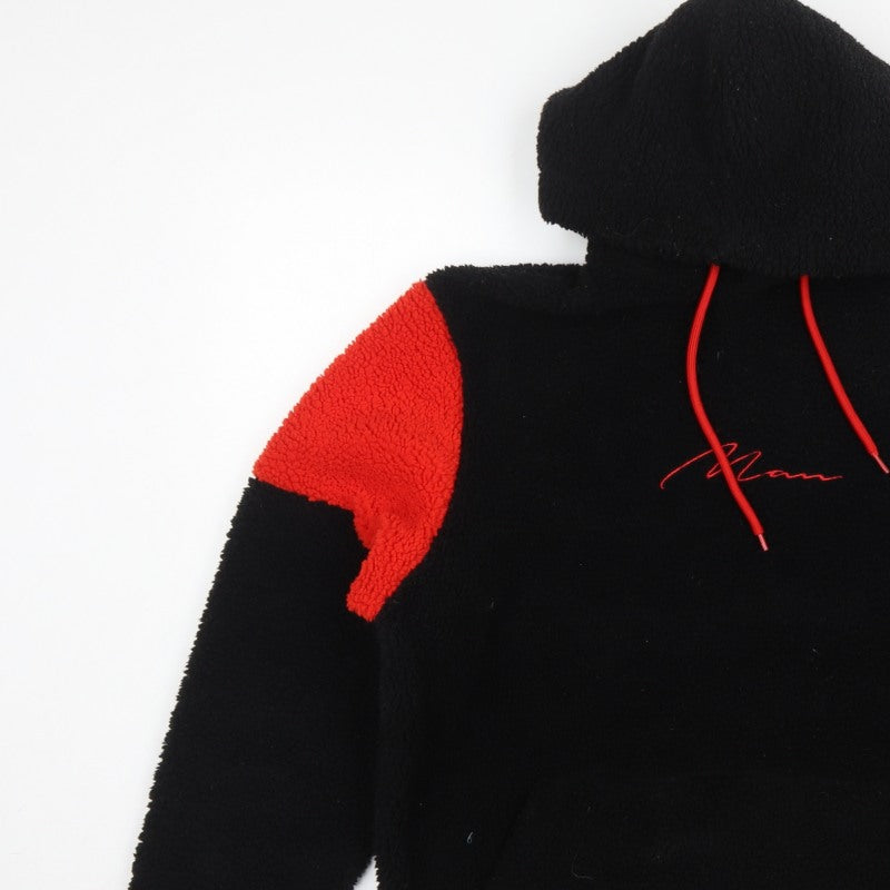boohooMAN Men's Black Red Sherpa Fleece Hoodie Small Pullover Logo