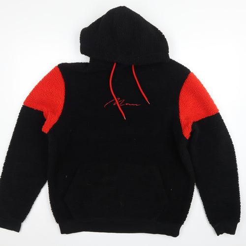boohooMAN Men's Black Red Sherpa Fleece Hoodie Small Pullover Logo