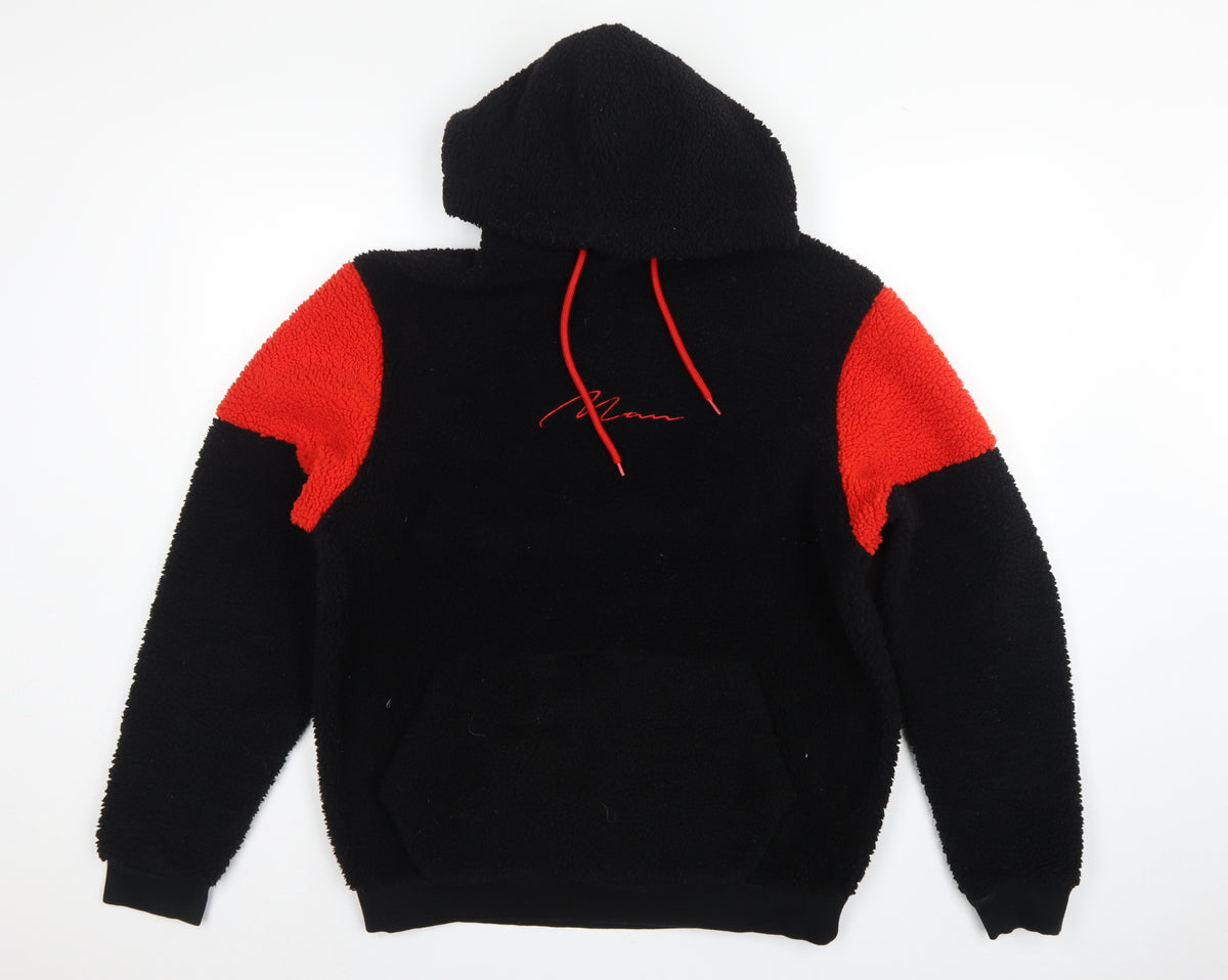 boohooMAN Men's Black Red Sherpa Fleece Hoodie Small Pullover Logo
