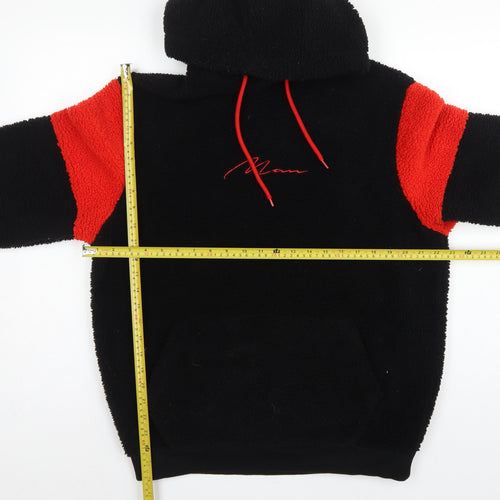 boohooMAN Men's Black Red Sherpa Fleece Hoodie Small Pullover Logo