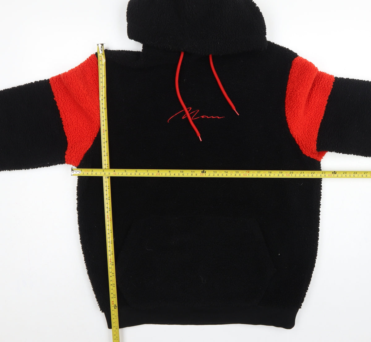boohooMAN Men's Black Red Sherpa Fleece Hoodie Small Pullover Logo