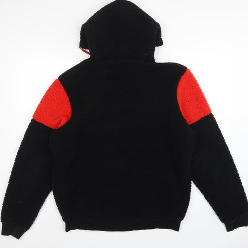 boohooMAN Men's Black Red Sherpa Fleece Hoodie Small Pullover Logo