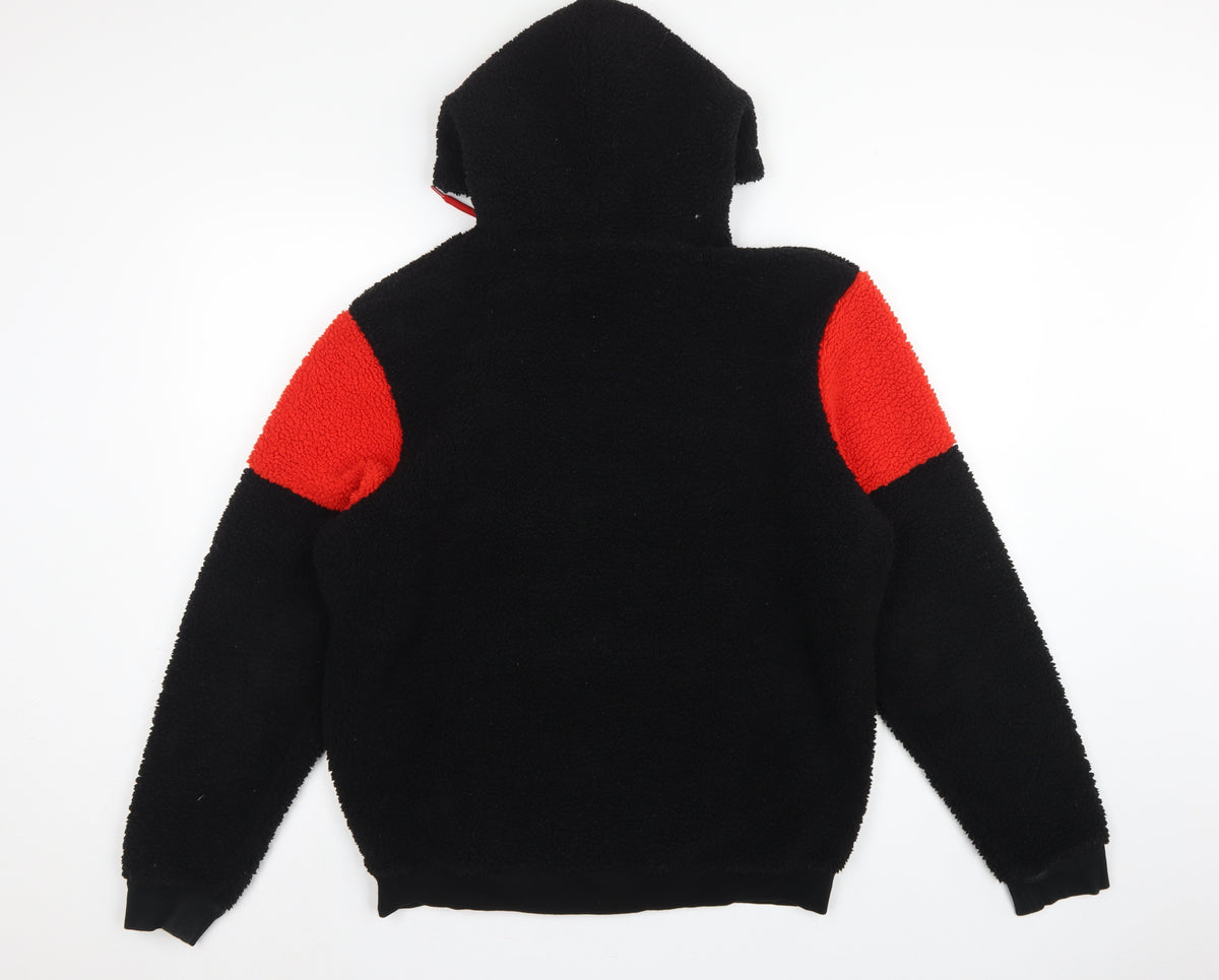 boohooMAN Men's Black Red Sherpa Fleece Hoodie Small Pullover Logo