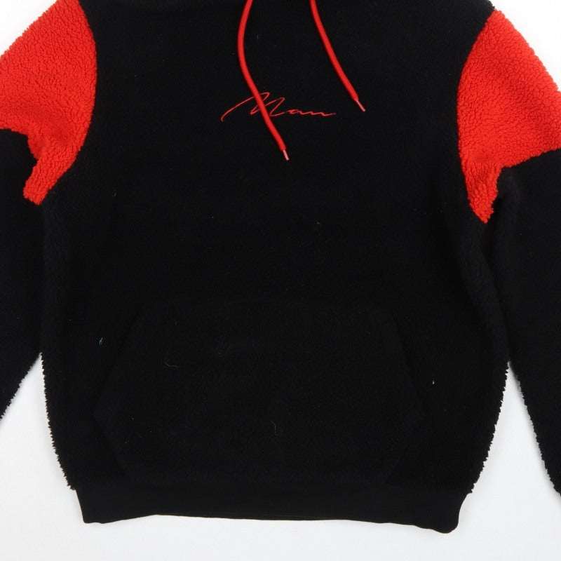 boohooMAN Men's Black Red Sherpa Fleece Hoodie Small Pullover Logo