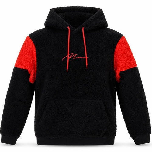 boohooMAN Men's Black Red Sherpa Fleece Hoodie Small Pullover Logo