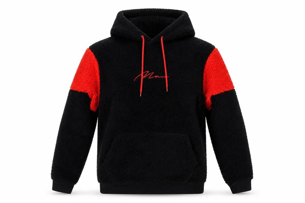 boohooMAN Men's Black Red Sherpa Fleece Hoodie Small Pullover Logo