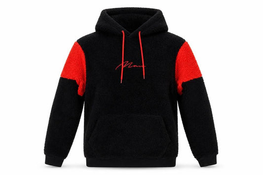 boohooMAN Men's Black Red Sherpa Fleece Hoodie Small Pullover Logo
