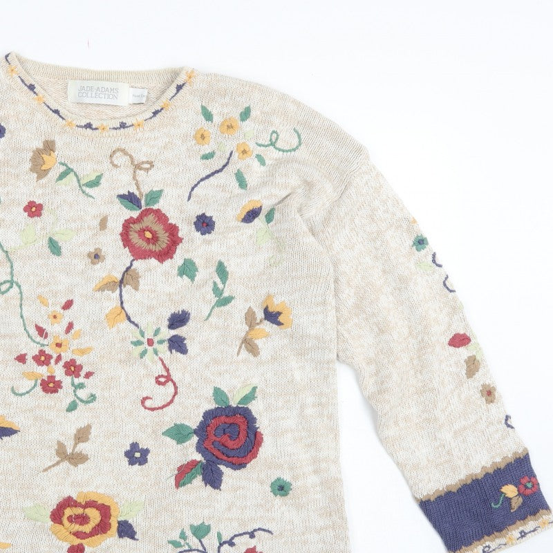 Jade-Adams Collection Women's Beige M Floral Embroidered Knit Jumper