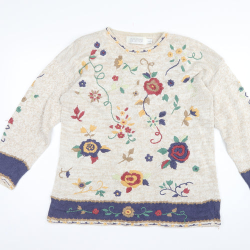 Jade-Adams Collection Women's Beige M Floral Embroidered Knit Jumper