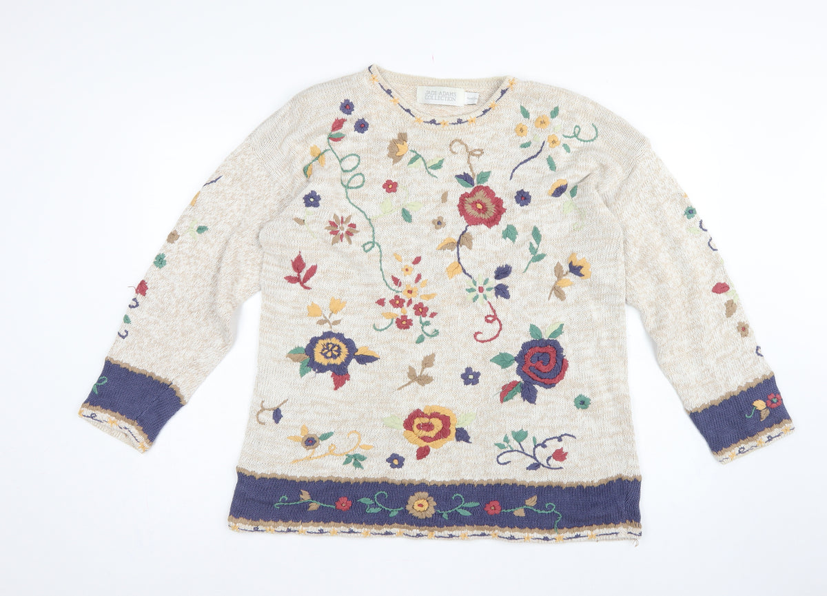 Jade-Adams Collection Women's Beige M Floral Embroidered Knit Jumper