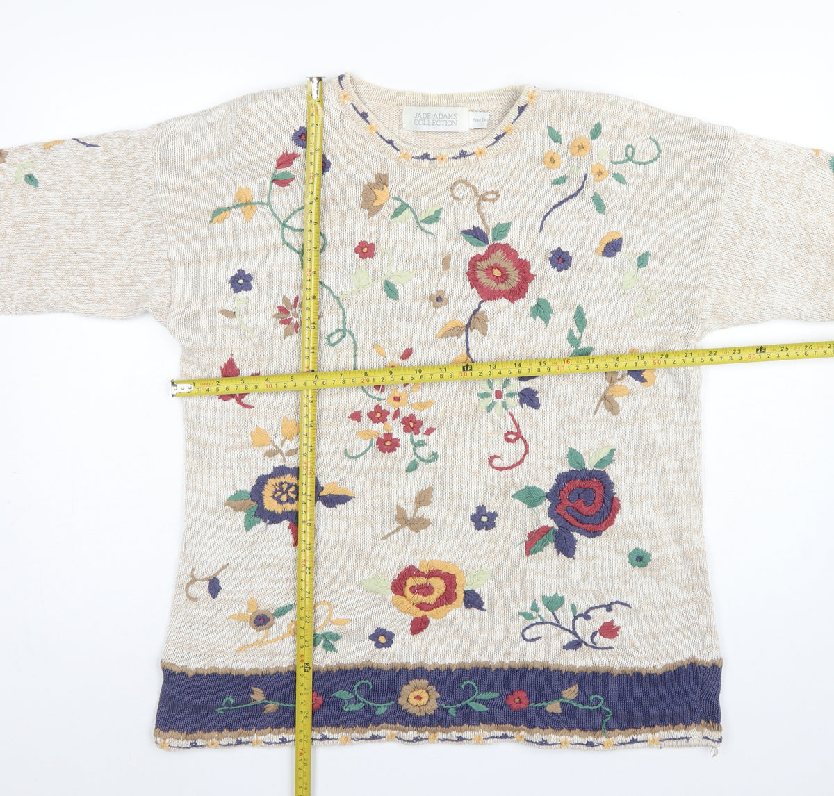 Jade-Adams Collection Women's Beige M Floral Embroidered Knit Jumper