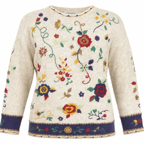 Jade-Adams Collection Women's Beige M Floral Embroidered Knit Jumper
