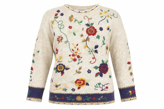Jade-Adams Collection Women's Beige M Floral Embroidered Knit Jumper