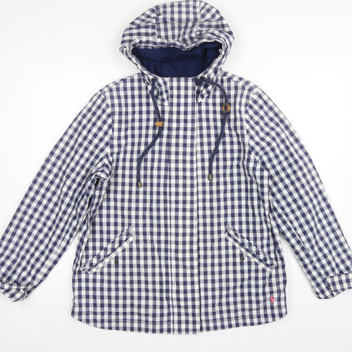 Joules Women Blue Check Waterproof Hooded Rain Coat Jacket UK 14