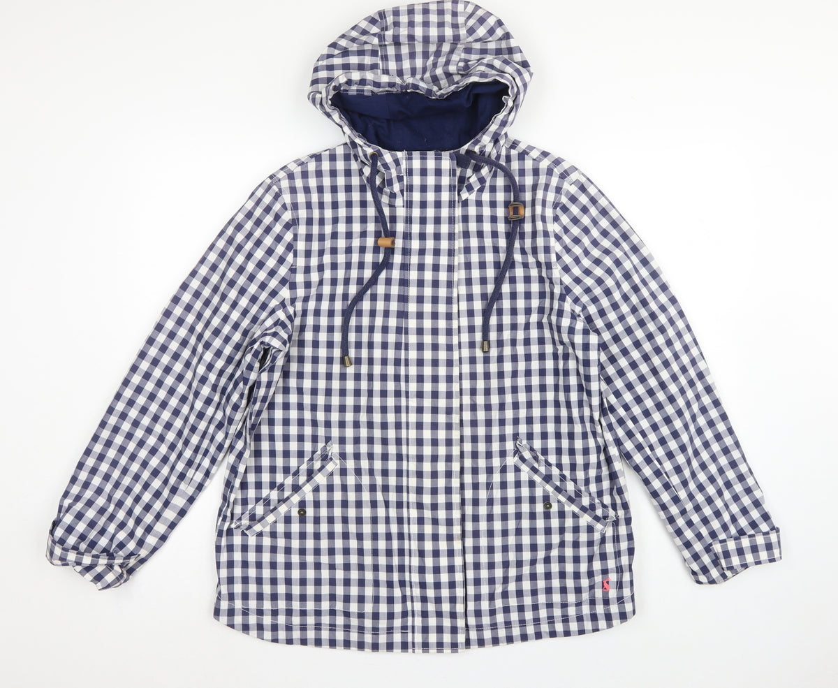 Joules Women Blue Check Waterproof Hooded Rain Coat Jacket UK 14