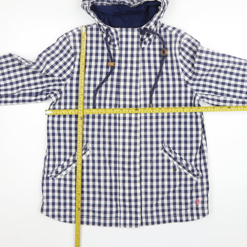 Joules Women Blue Check Waterproof Hooded Rain Coat Jacket UK 14
