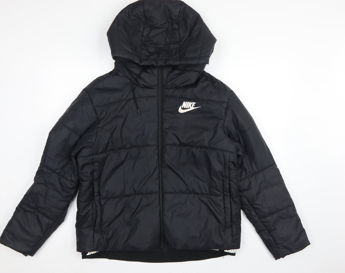 Nike Men Black L Puffer Jacket Hooded Quilted Full Zip
