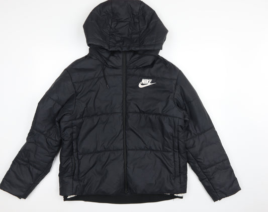 Nike Men Black L Puffer Jacket Hooded Quilted Full Zip