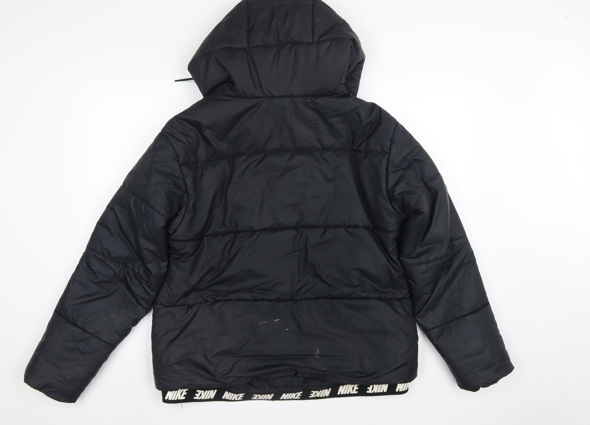 Nike Men Black L Puffer Jacket Hooded Quilted Full Zip