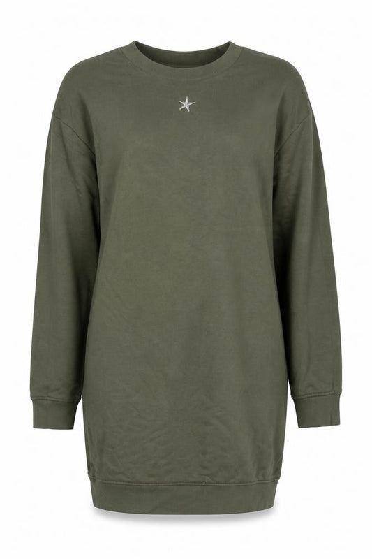 Front view of Emma Warren Women Green XS Star Embroidered French Terry Jumper Dress