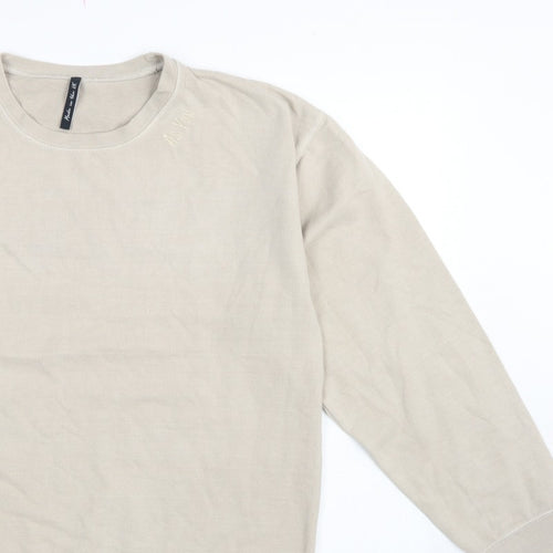 AsYou Men’s Beige Small Crew Neck Logo Pullover Sweatshirt