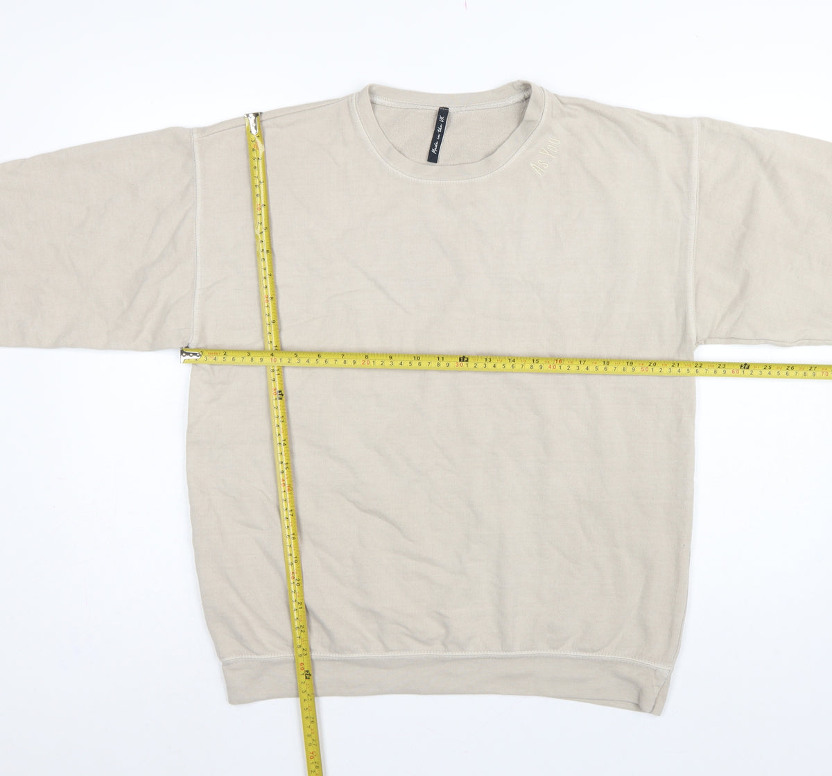 AsYou Men’s Beige Small Crew Neck Logo Pullover Sweatshirt