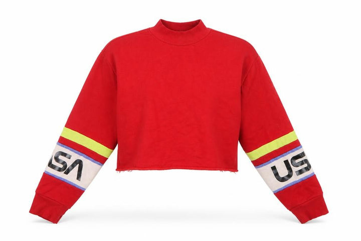 Forever 21 Women Red S USA Logo Cropped High Neck Sweatshirt