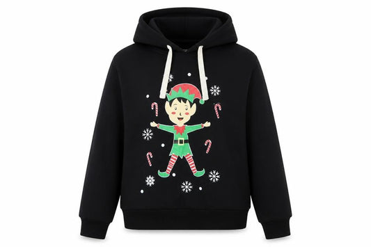 Front view of Be Jealous girls’ black l pullover christmas elf graphic hoodie