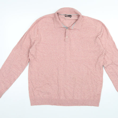 Marks and Spencer Men's Pink L Cotton Rich Collared Henley Jumper