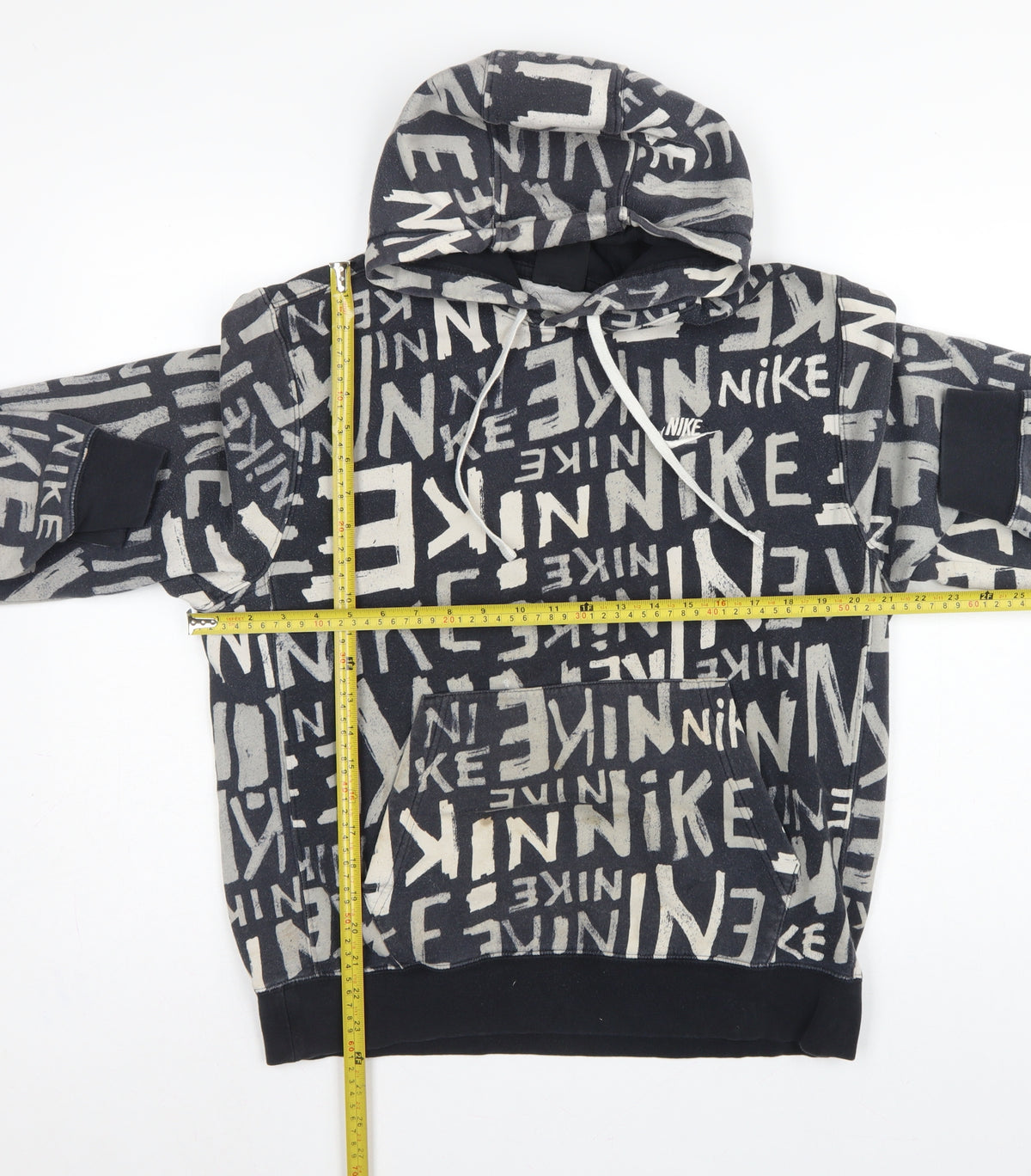 Close-up detail of Nike Teens Black Grey Graphic Print Pullover Hoodie M