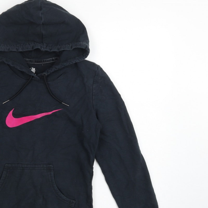 Nike Women's Black Pink Logo Pullover Hoodie UK 12 M Hooded