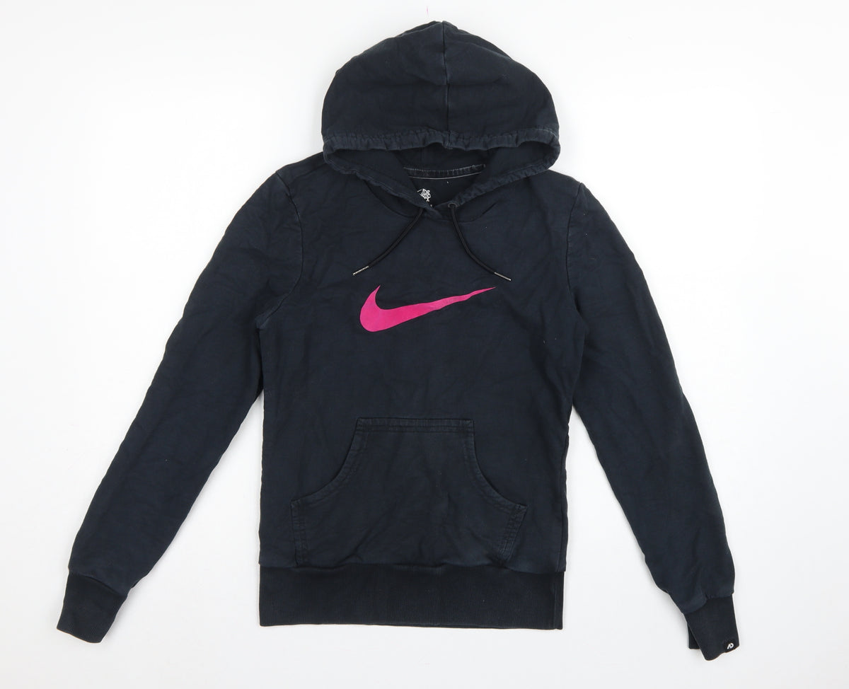 Nike Women's Black Pink Logo Pullover Hoodie UK 12 M Hooded