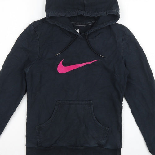 Nike Women's Black Pink Logo Pullover Hoodie UK 12 M Hooded
