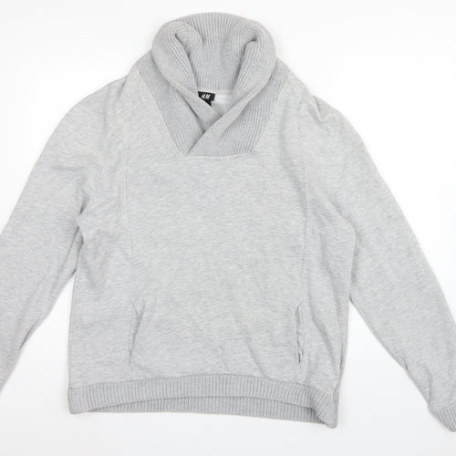 H&M Men’s Grey L Pullover High Neck Sweatshirt Cotton Blend Pockets