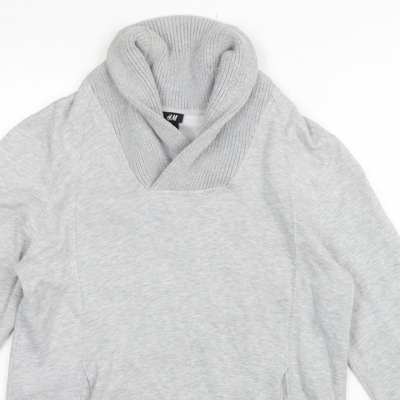 H&M Men’s Grey L Pullover High Neck Sweatshirt Cotton Blend Pockets
