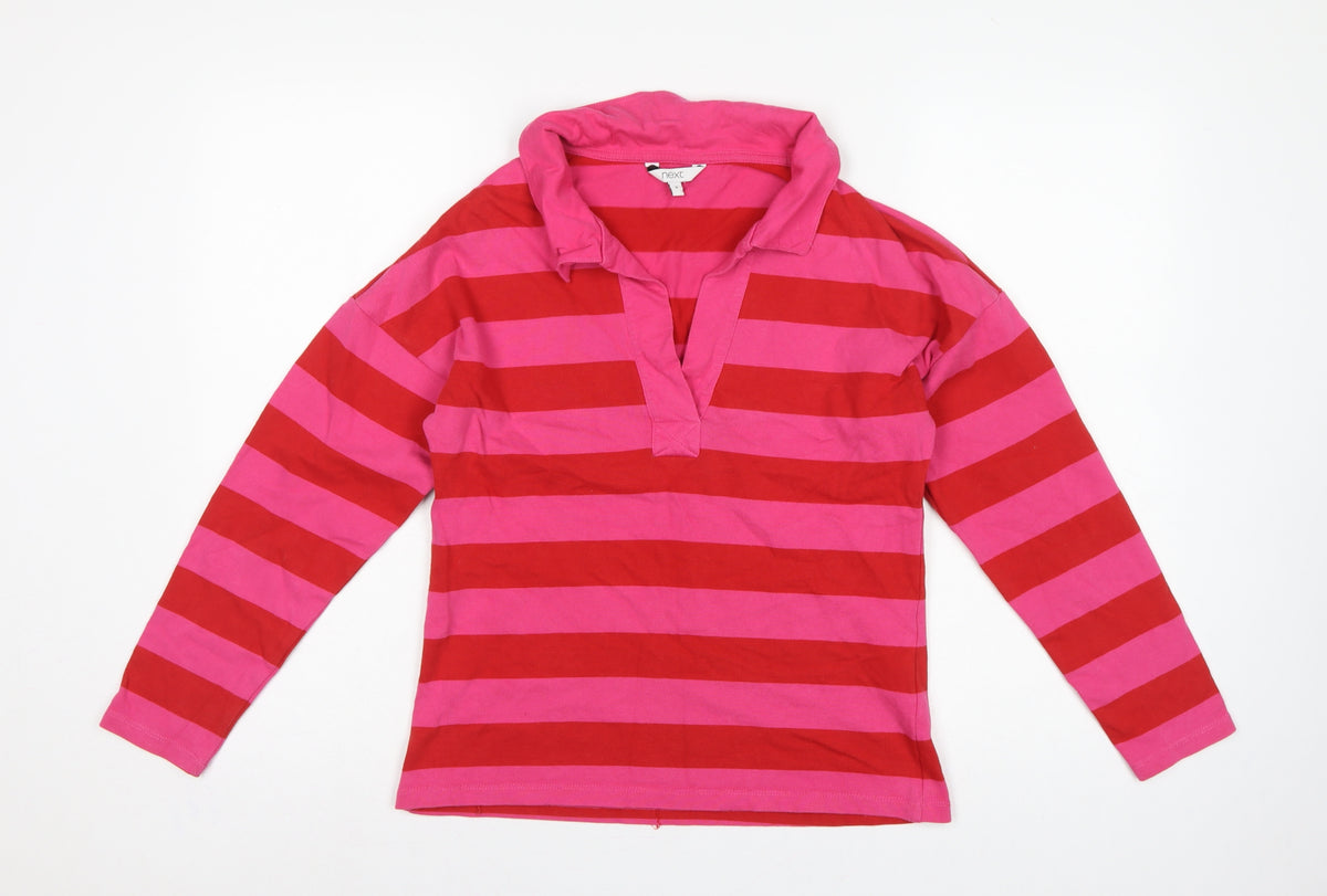 Next Women Pink Red Striped Long Sleeve Polo Top Size S