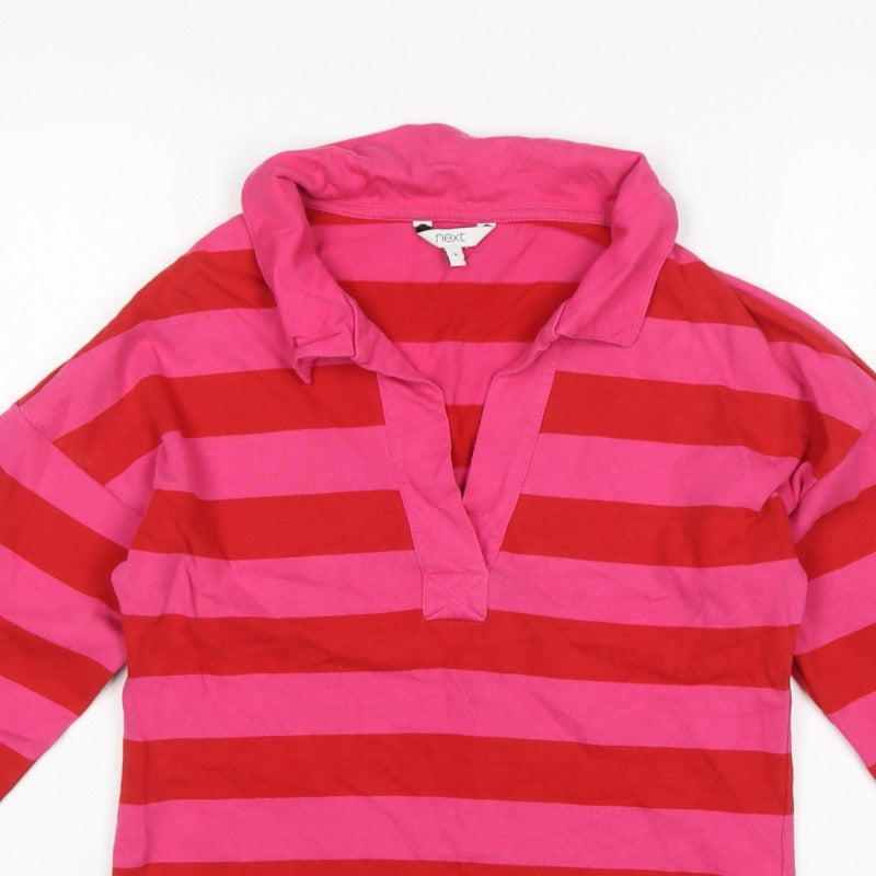 Next Women Pink Red Striped Long Sleeve Polo Top Size S