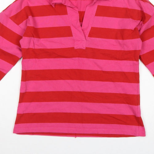 Next Women Pink Red Striped Long Sleeve Polo Top Size S