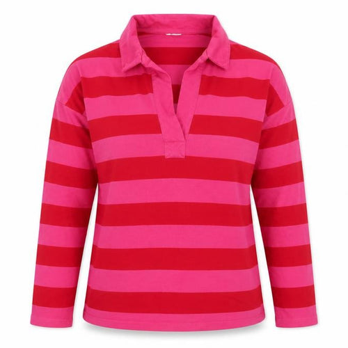 Next Women Pink Red Striped Long Sleeve Polo Top Size S
