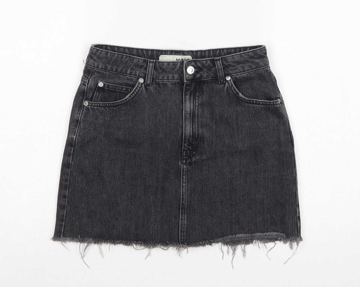 Topshop MOTO Women Black UK 10 Mini A-Line Denim Skirt Raw Hem